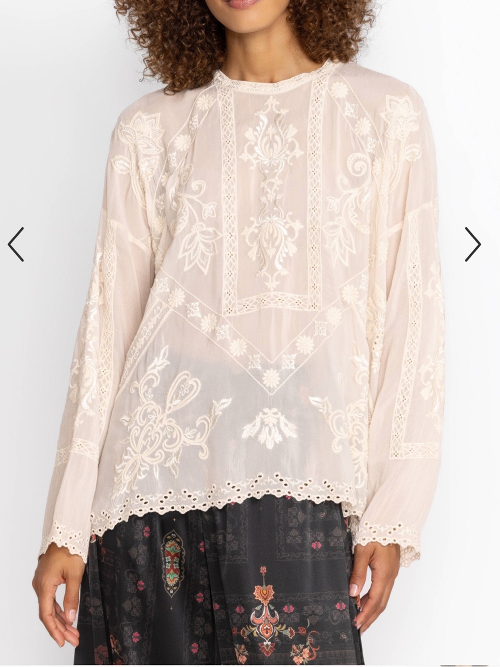 Johnny Was Nola Ivory Lace-Embroidered Peasant Blouse Top Size Medium